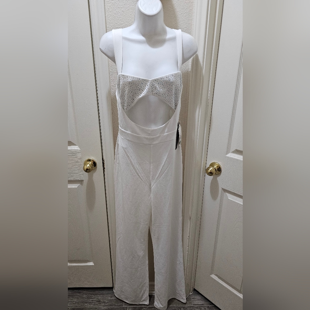 Beautiful Rhinestone Cutout White Jumpsuit NWT - Picture 2 of 15